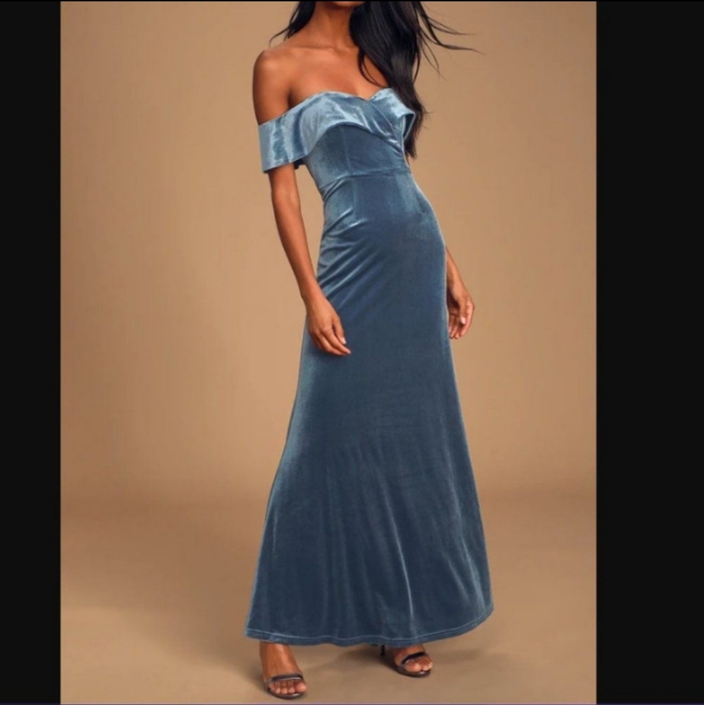 Lulu's Sweet Symphony Dusty Blue Velvet Off-the-Shoulder Maxi Dress Size Small
